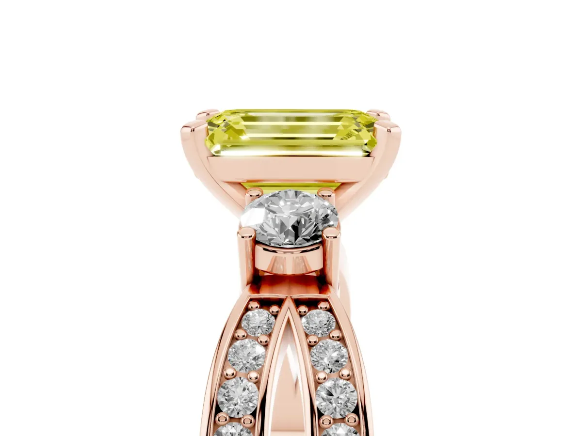 Fancy Yellow Three-Stone Emerald Cut Cut Diamond Twist Band with Prong Setting Rose gold