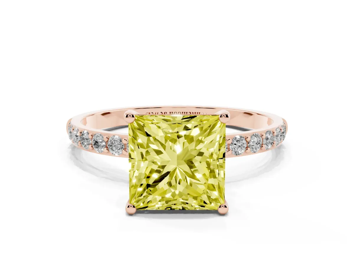 Fancy Yellow Princess Cut Diamond Solitaire Ring with Round Pavé Shoulders and Prong Setting Rose gold