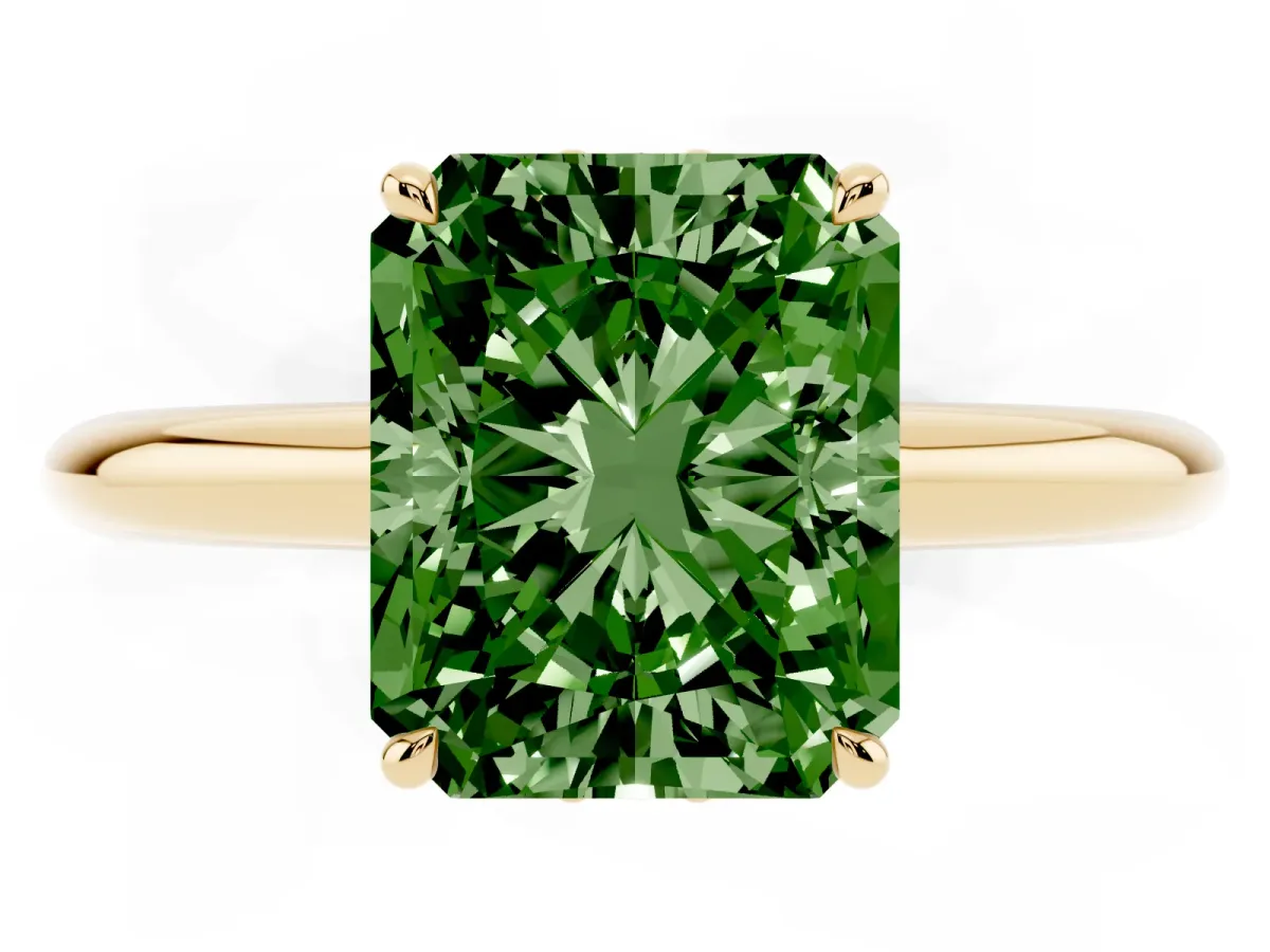 Fancy Green Radiant Cut Brilliant Solitaire Engagement Ring with Six-Prong Setting and Classic Band Yellow gold