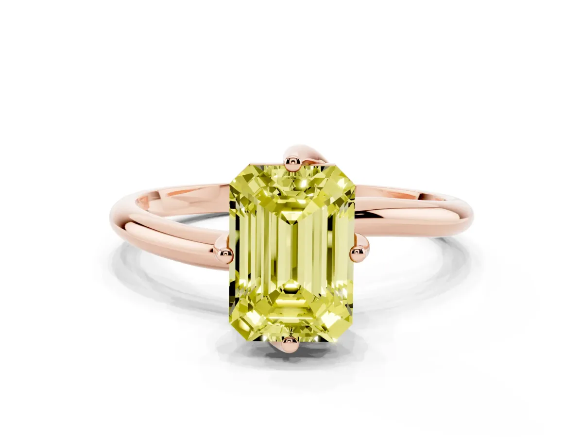 Fancy Yellow Emerald Cut Diamond Solitaire Engagement Ring with Four-Prong Setting and Classic Band Rose gold