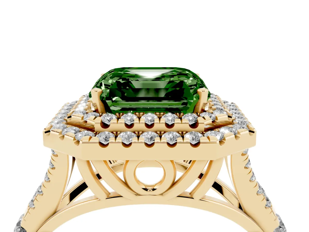 Fancy Green Asscher Cut Diamond Pavé Split Shank Double Halo Engagement Ring Yellow gold