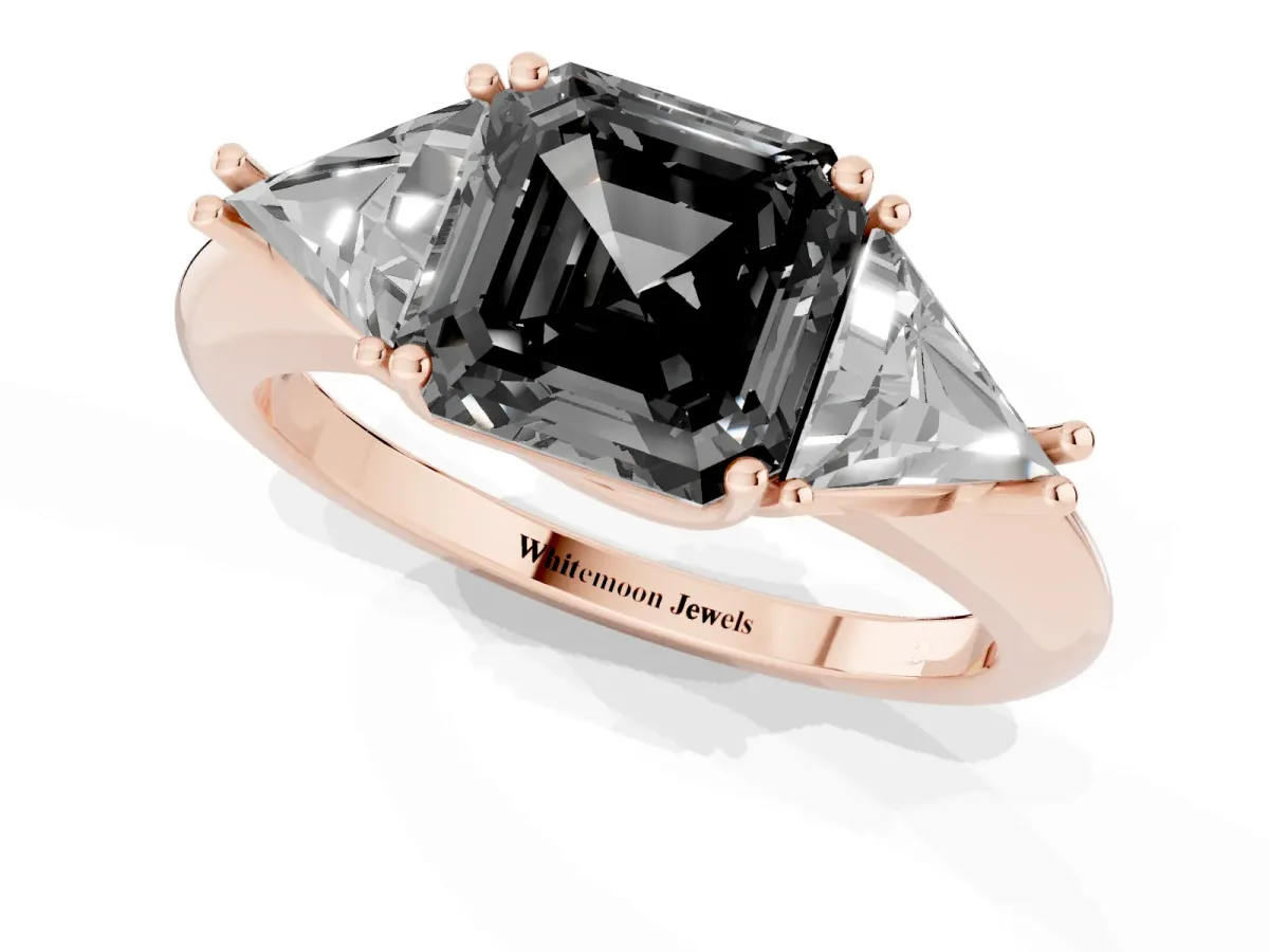 Fancy Black Three-Stone Asscher Cut Diamond Engagement Ring with Trillion Side Stones and Prong Setting Rose gold