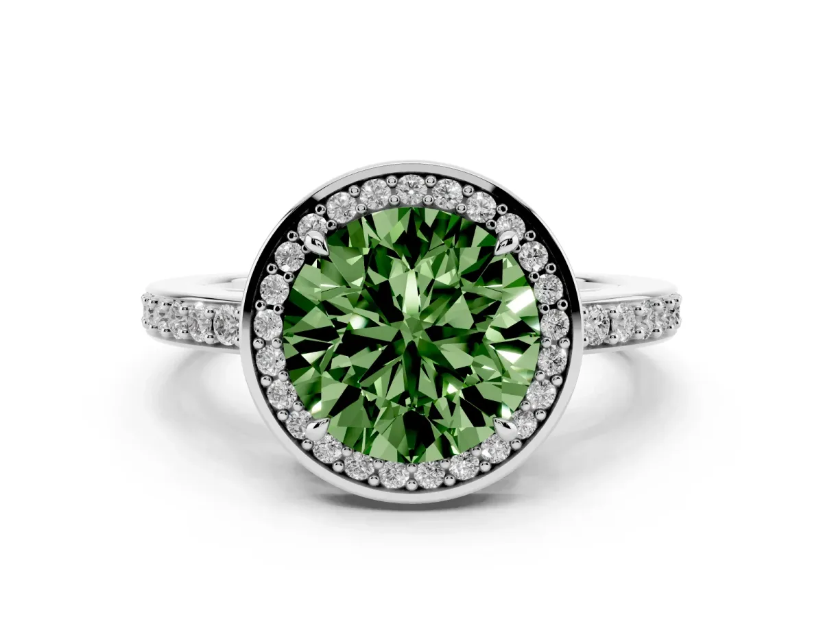 Fancy Green Round Cut Halo Pave Band Solitaire Ring with Prong Setting Silver