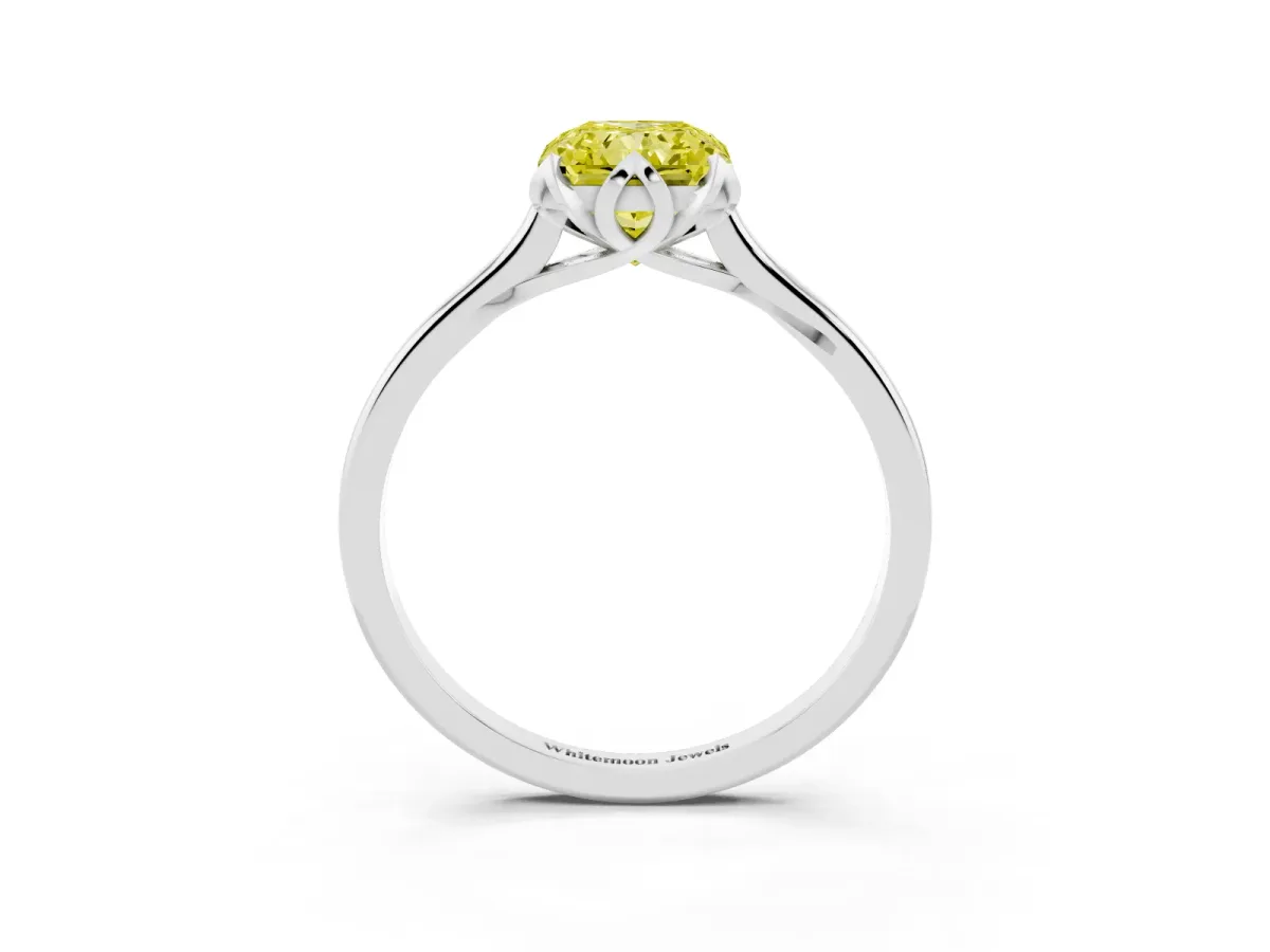 Fancy Yellow Radiant Cut Diamond Solitaire Ring with Flower Prong Setting and Classic Band Platinum