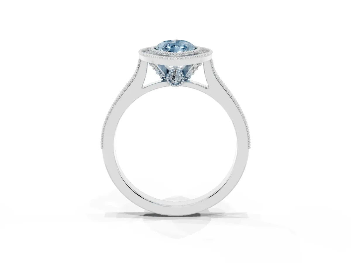 Fancy Blue Halo Marquise Cut-Cut Diamond Pave Band Milgrain Prong Setting Ring Silver
