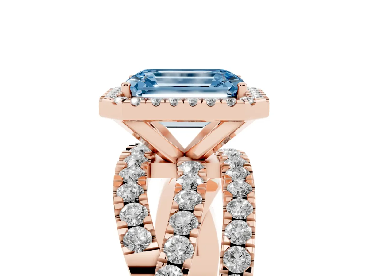 Fancy Blue Emerald Cut Diamond Halo Ring with Round Split Shank and Prong Setting Rose gold