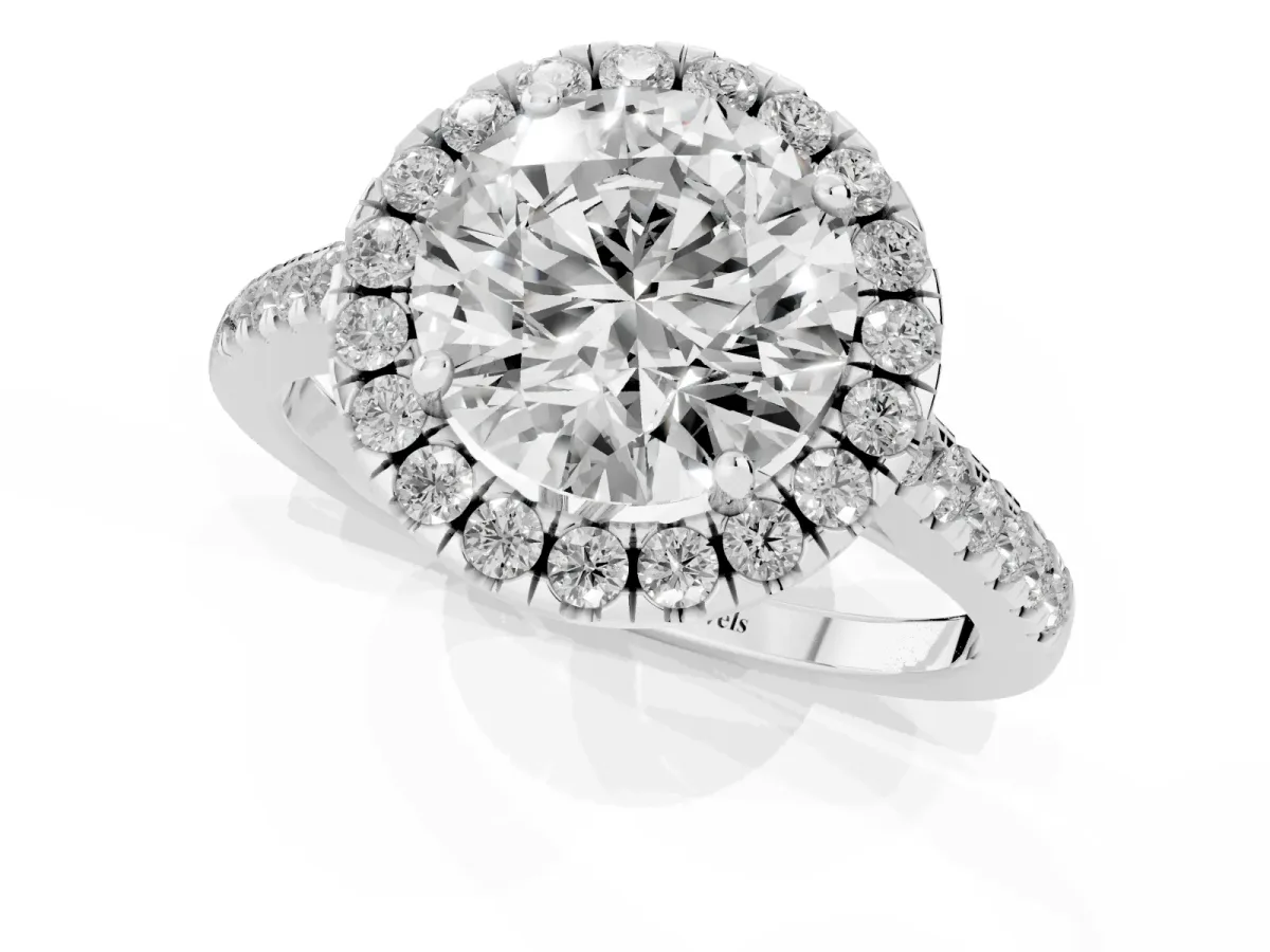 Round Cut Halo Pavé Diamond Engagement Ring with Four-Prong Setting Silver
