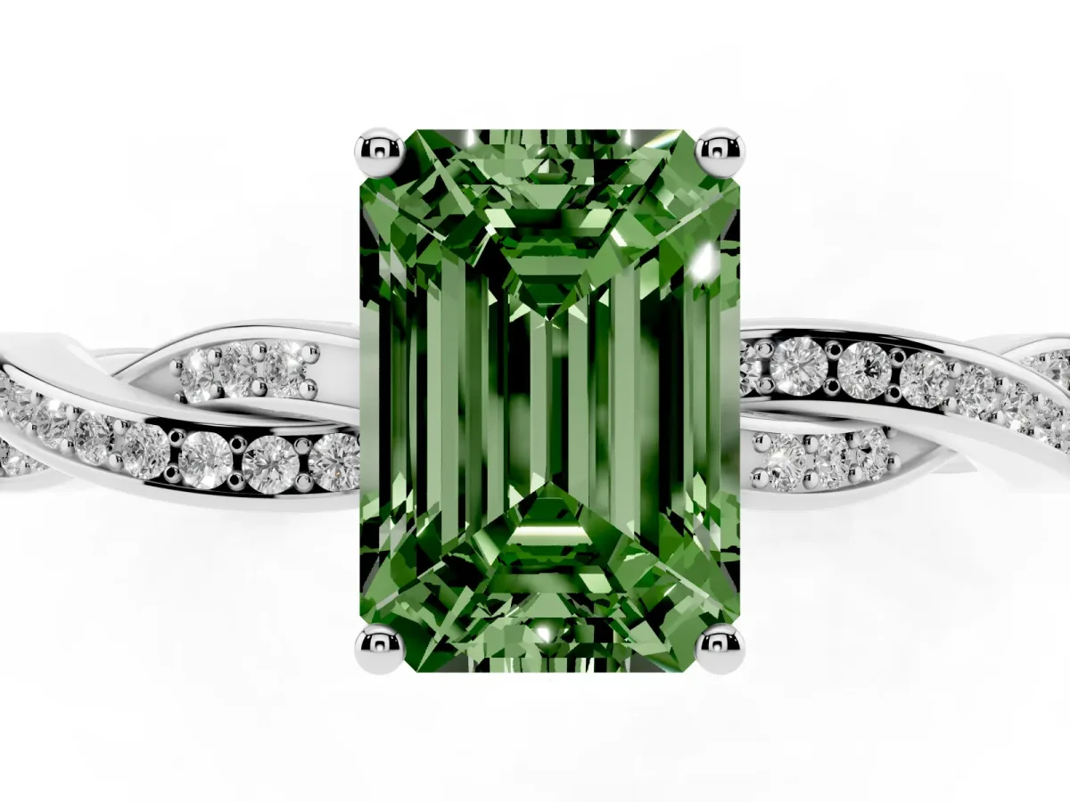 Fancy Green Emerald Cut Solitaire Twisted Pave Diamond Ring with Four-Prong Setting Platinum