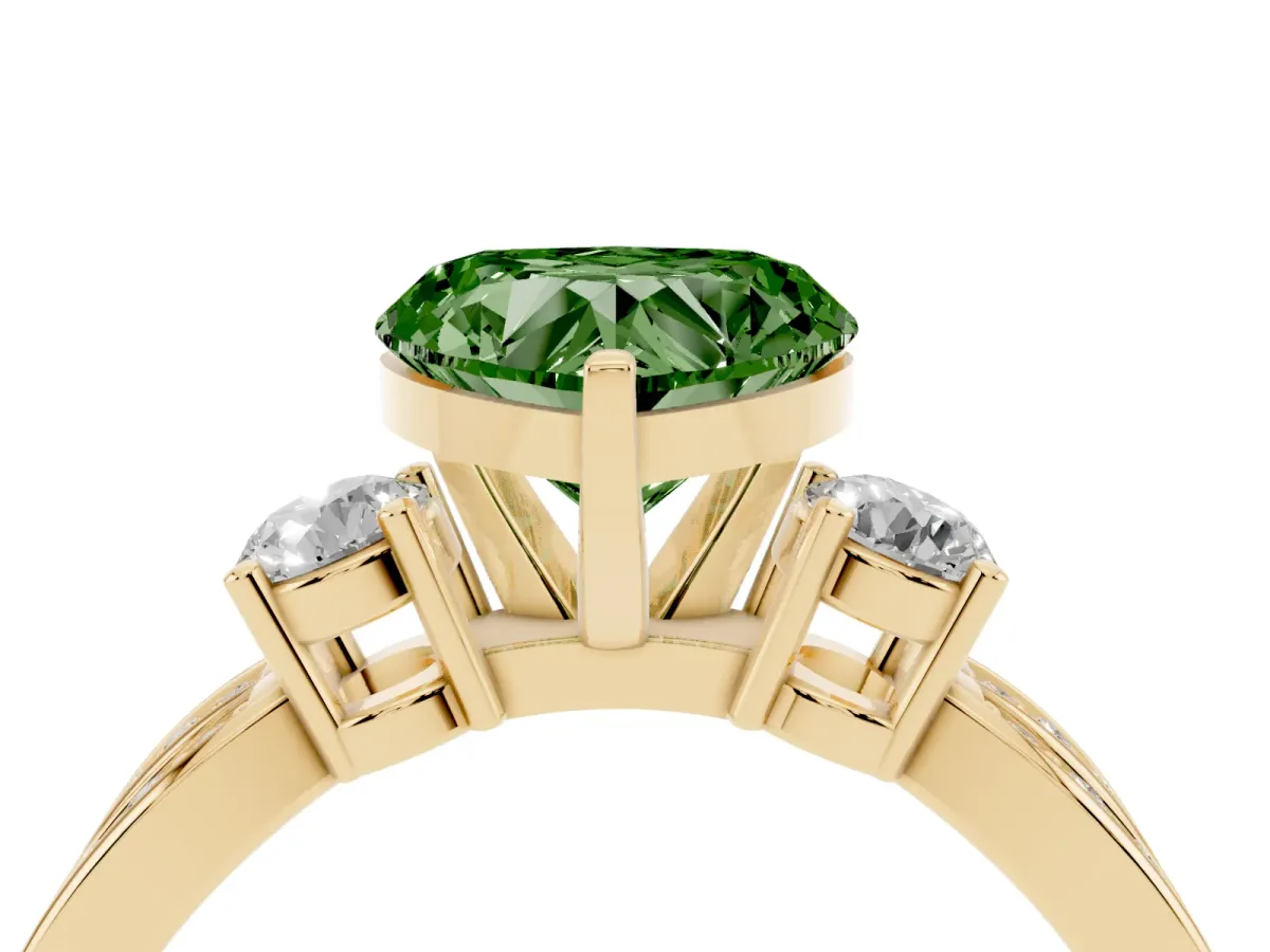 Fancy Green Three-Stone Heart Cut Cut Diamond Twist Band with Prong Setting Yellow gold