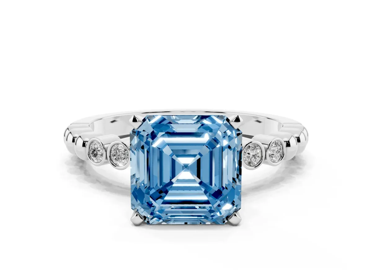 Fancy Blue Asscher Cut Solitaire Bezel Accent Diamond Engagement Ring with Beaded Band and Four-Prong Setting White gold