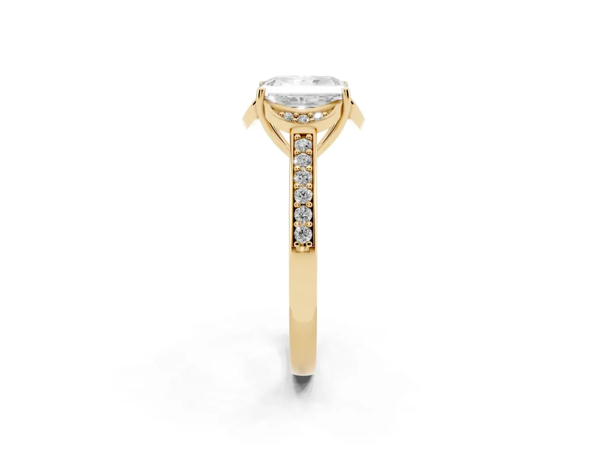 Radiant Cut Cut Halo Diamond Ring with Channel Set Band and Four-Prong Setting Yellow gold
