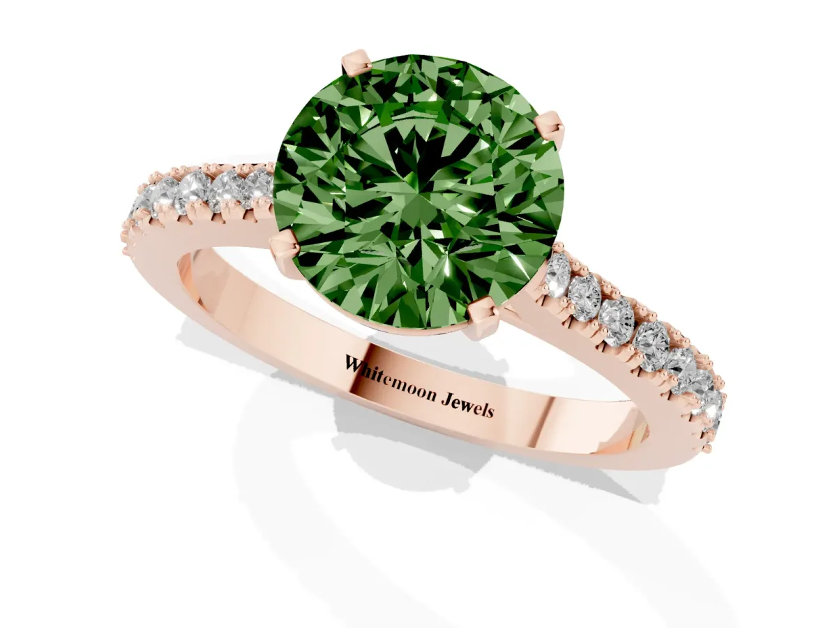 Fancy Green Round Cut Cut Solitaire Diamond Engagement Ring with Pave Band and Four-Prong Setting Rose gold