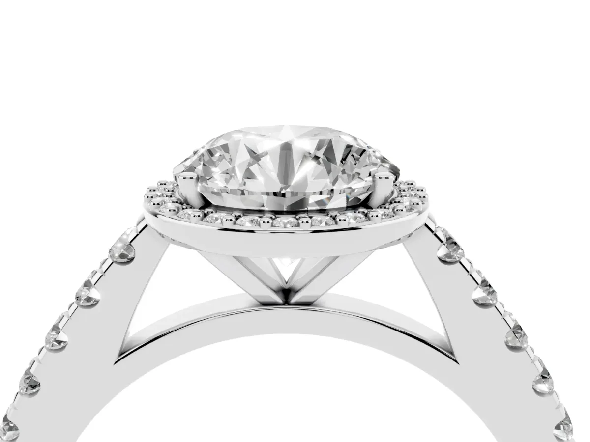 Round Cut Cut Halo Diamond Engagement Ring with Pave Band and Four-Prong Setting White gold