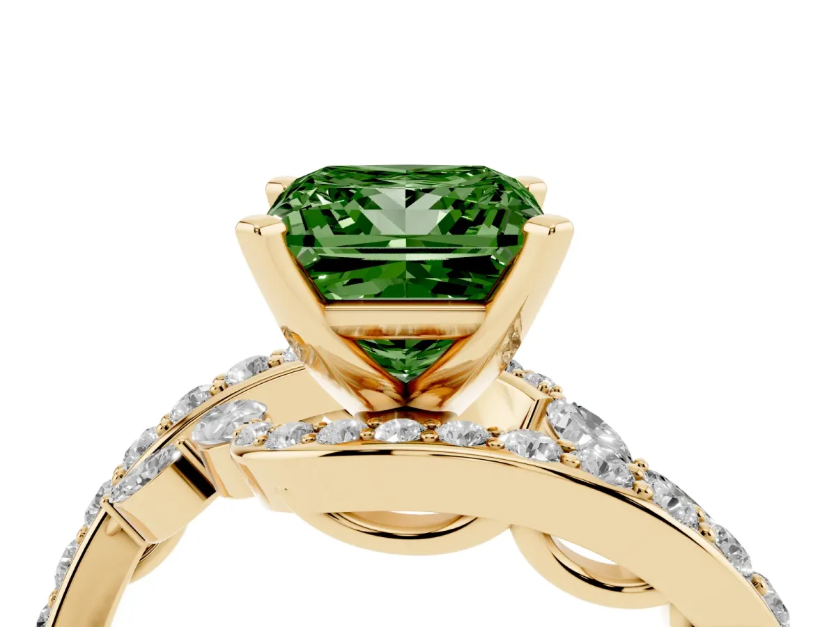 Fancy Green Princess Cut Solitaire with Pavé Twist Band and Four-Prong Setting Yellow gold