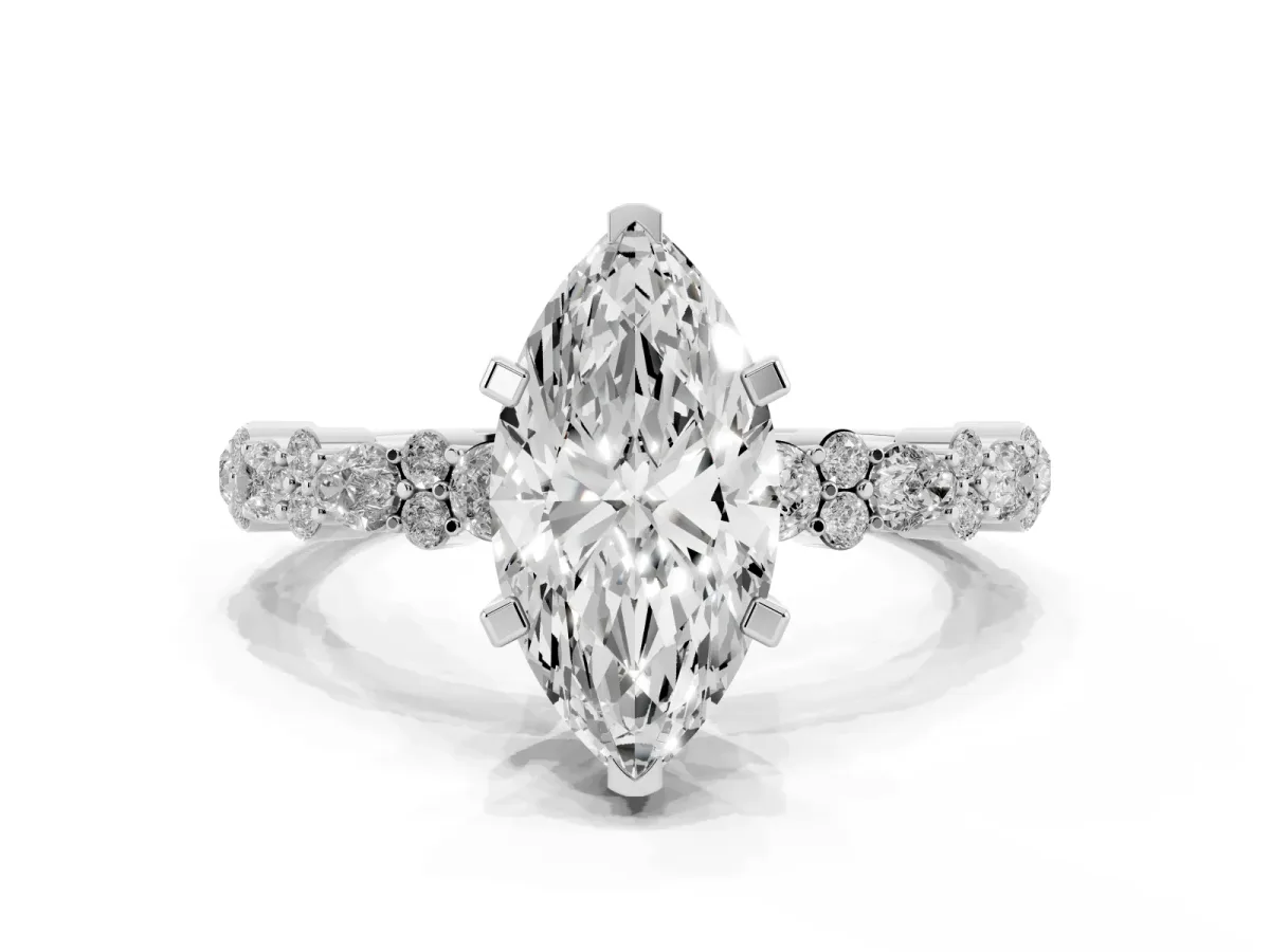 Marquise Cut Diamond Side Stone Solitaire Ring with Round and Four-Prong Setting Silver