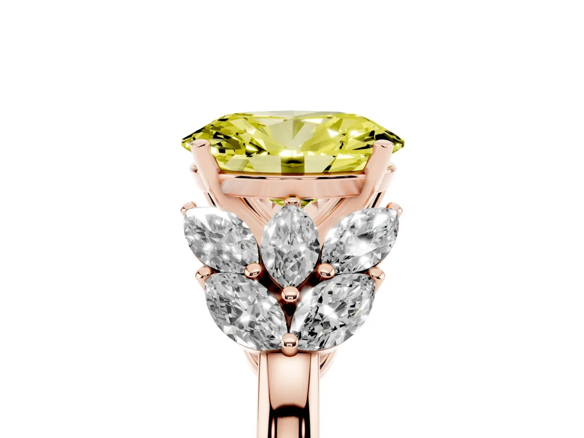 Fancy Yellow Oval Cut Diamond Cluster Leaf Design Ring with Prong Setting Rose gold