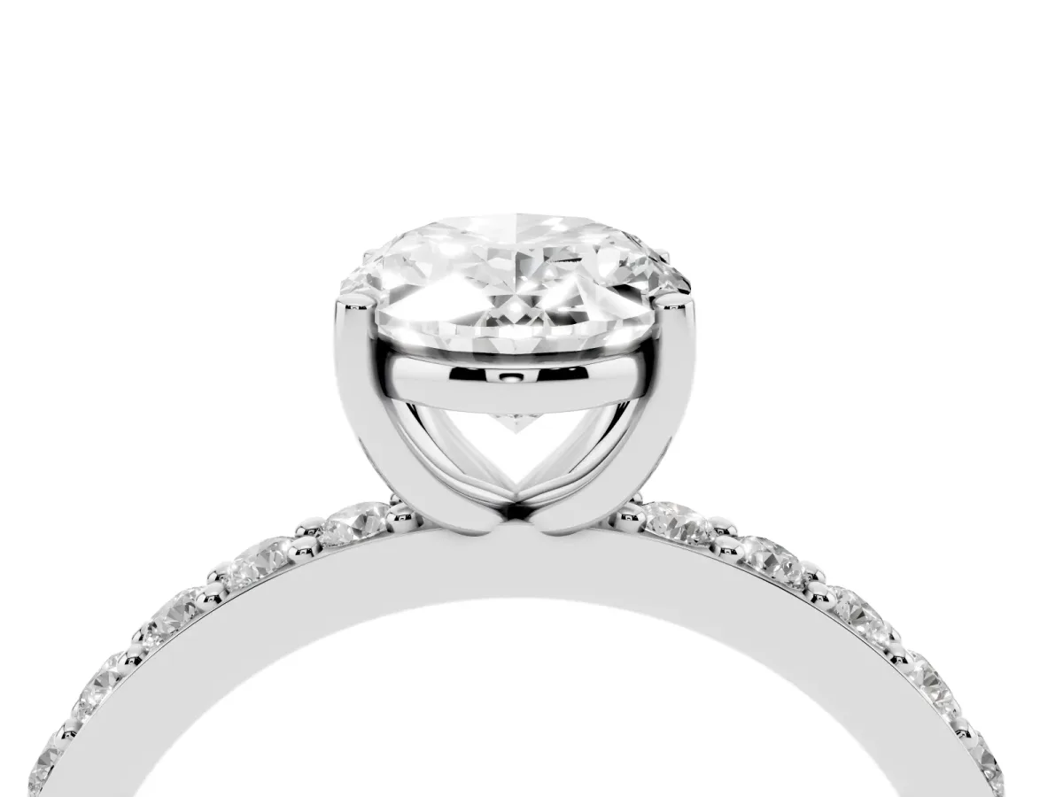 Oval Cut Cut Diamond Solitaire with Pave Band and Four-Prong Setting Silver