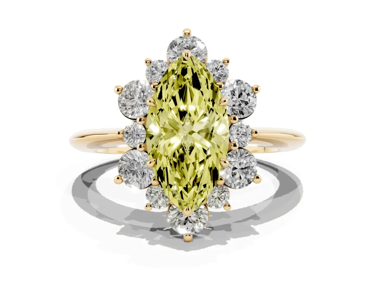 Fancy Yellow Marquise Cut Diamond Cluster Halo Ring with Solitaire Band and Four-Prong Setting Yellow gold