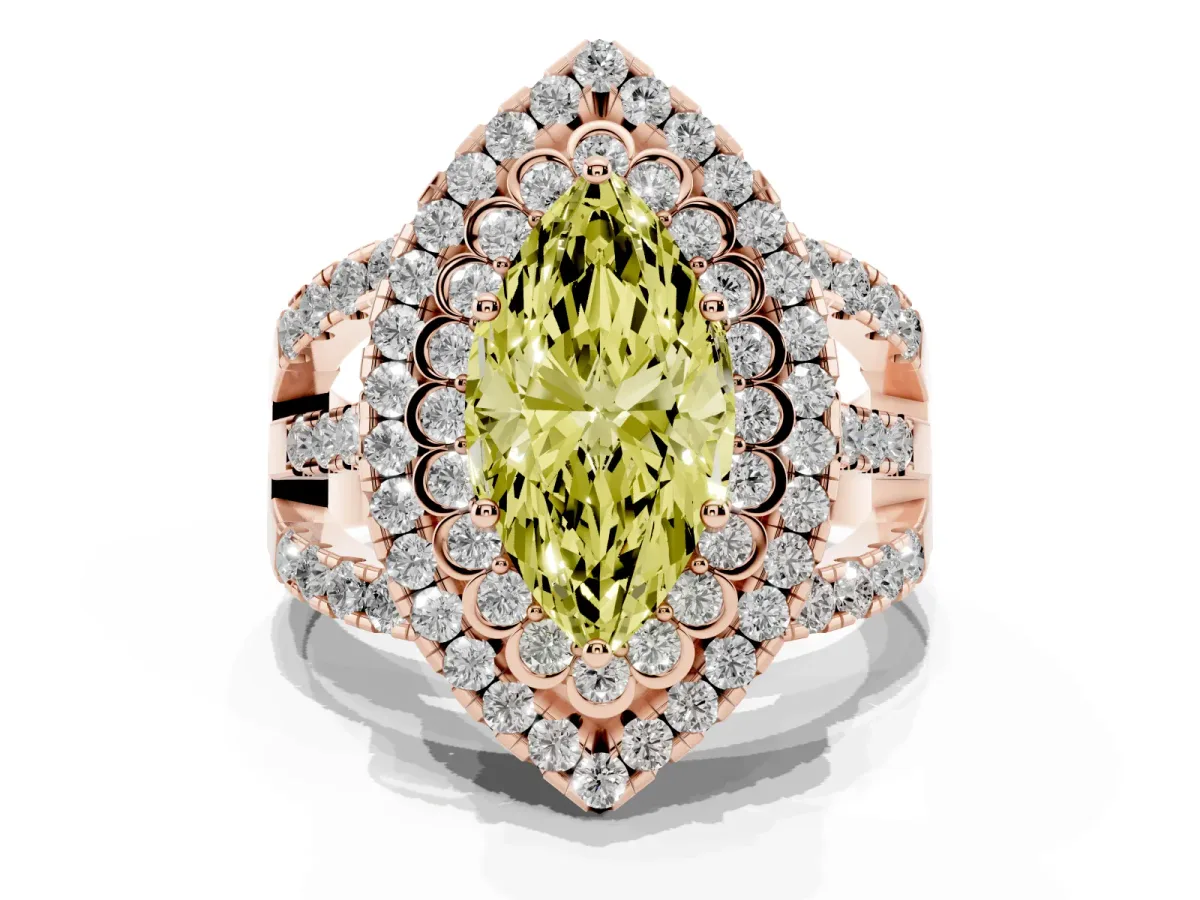 Fancy Yellow Marquise Cut Diamond Double Halo Ring with Round Pavé Split Shank and Prong Setting Rose gold
