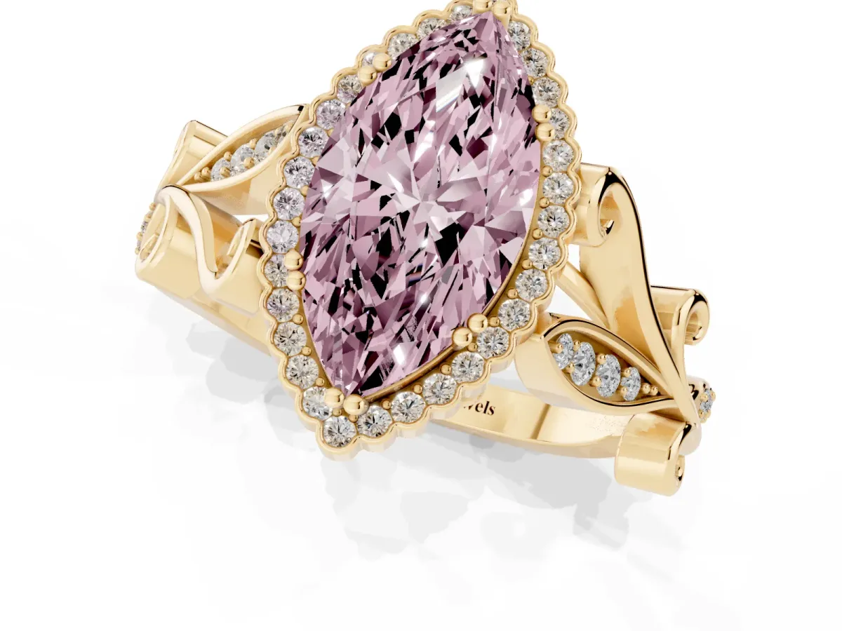 Fancy Pink Marquise Cut Diamond Halo Ring with Vintage Split Shank and Four-Prong Setting Yellow gold