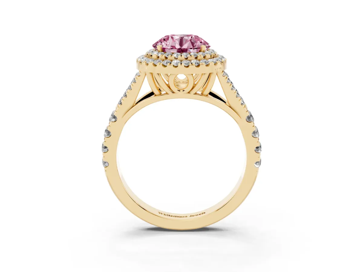 Fancy Pink Round Cut Diamond Double Halo Ring with Split Shank and Prong Setting Yellow gold