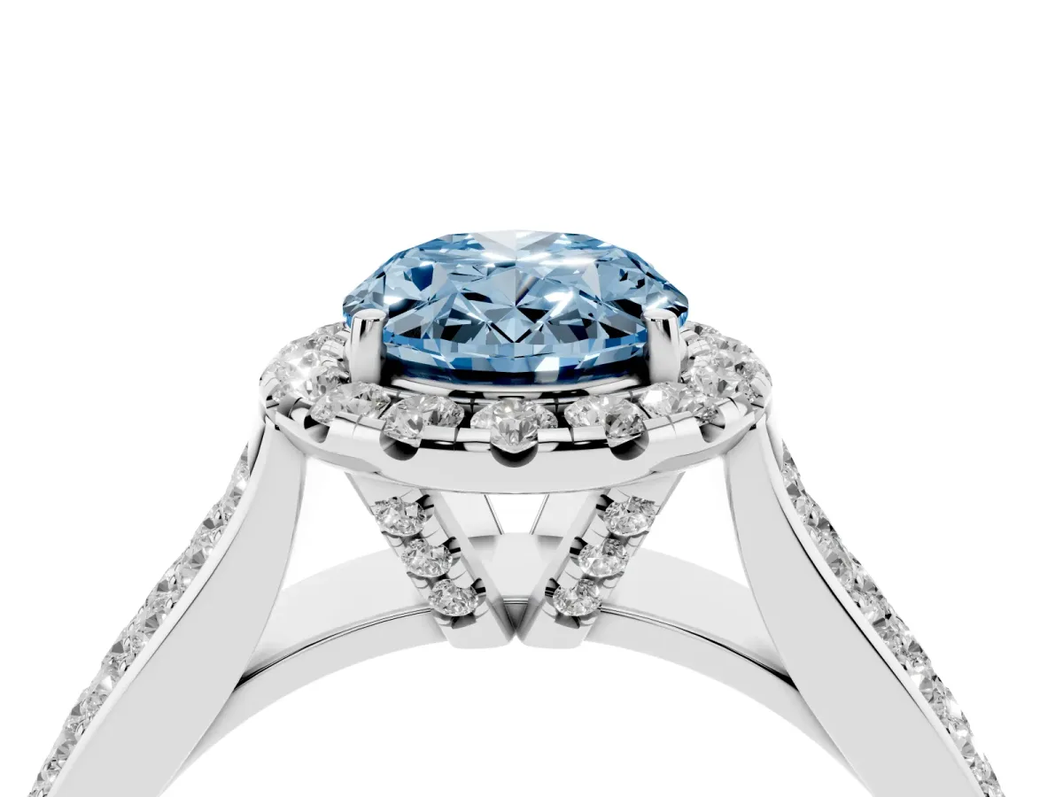 Fancy Blue Oval Cut Halo Round Diamond Pave Band with Prong Setting White gold
