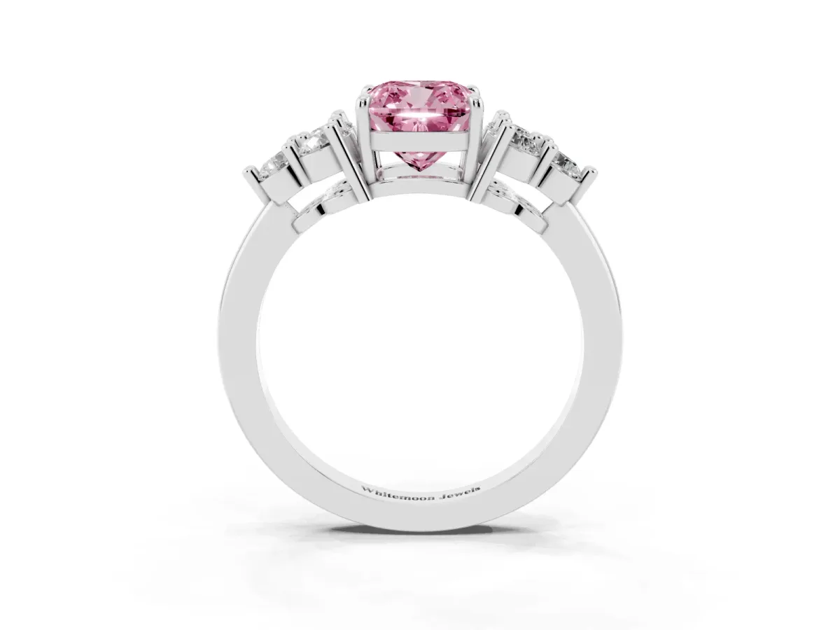 Fancy Pink Cushion Cut Brilliant Diamond Cluster Accent Solitaire Ring with Prong Setting Silver