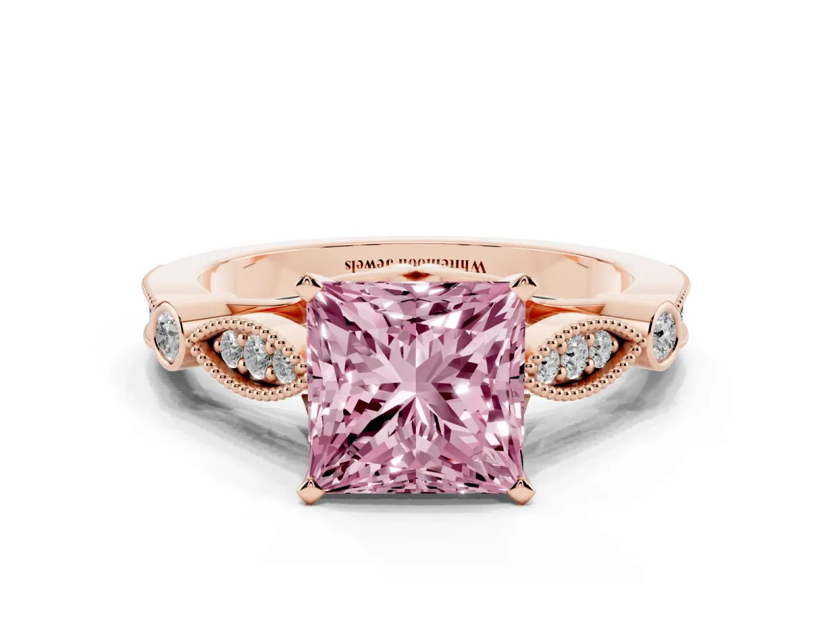 Fancy Pink Princess Cut Cut Diamond with Milgrain Marquise and Bezel Accents on a Solitaire Band with Prong Setting Rose gold