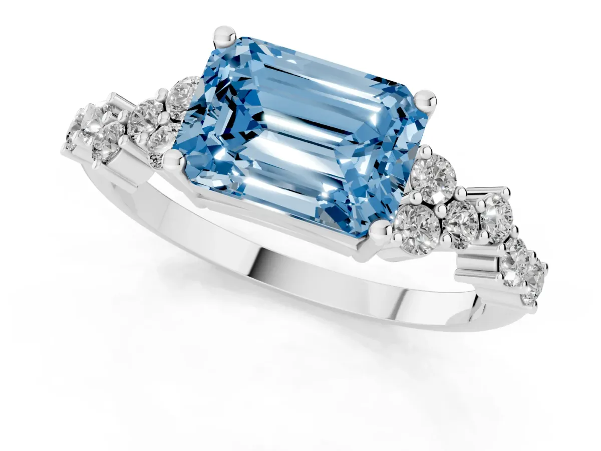Fancy Blue Emerald Cut Diamond Scattered Round Accent Ring with Prong Setting Silver