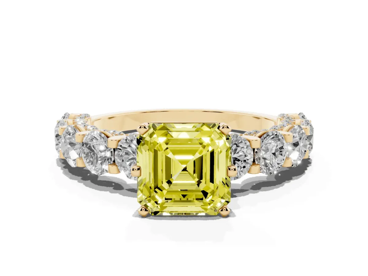 Fancy Yellow Asscher Cut Diamond Side Stone Engagement Ring with Four-Prong Setting Yellow gold