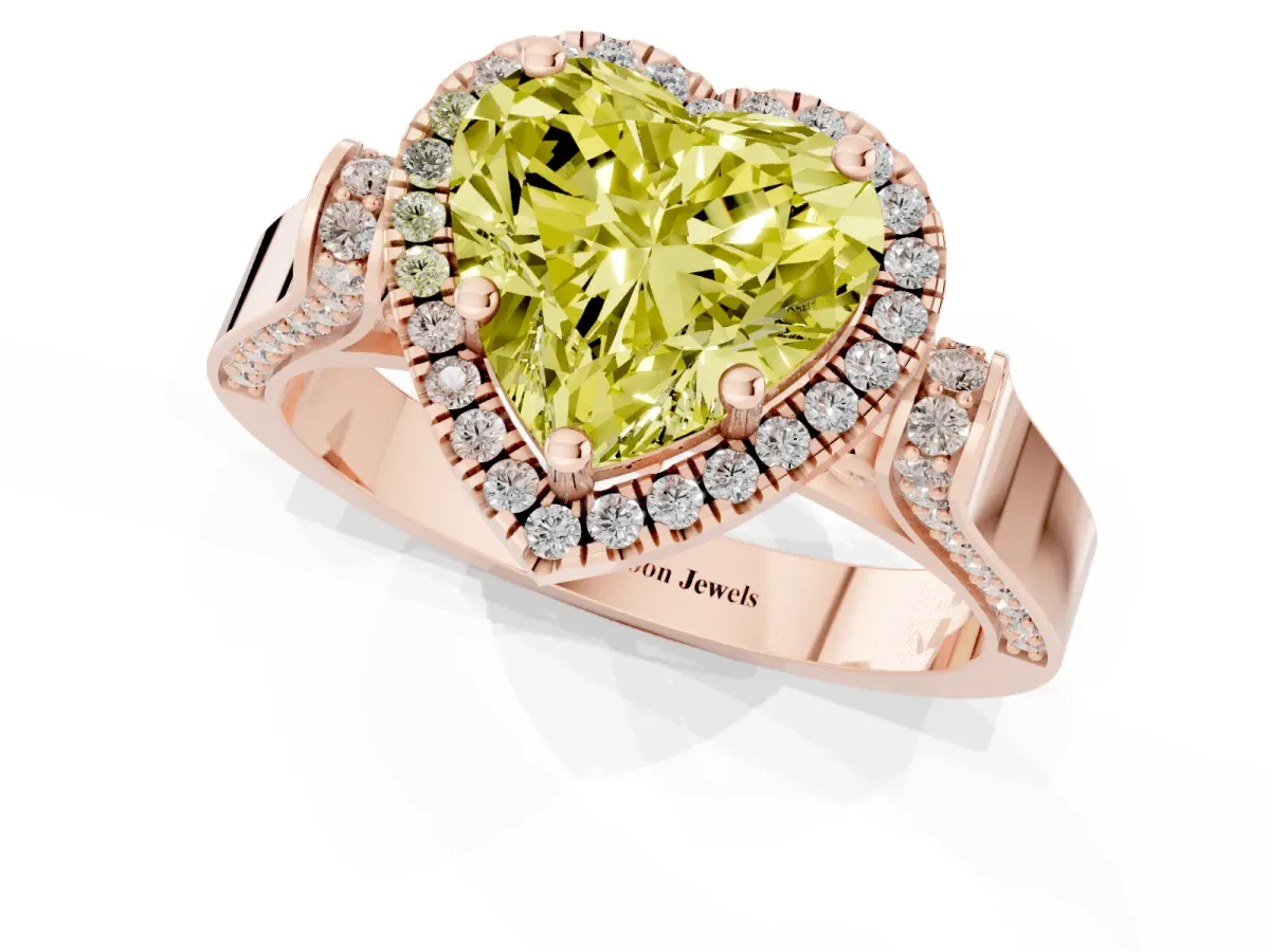 Fancy Yellow Heart Cut Halo Pave Split Shank Prong Setting Ring Rose gold