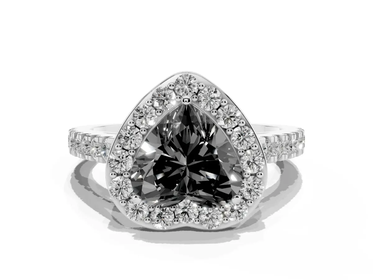 Fancy Black Heart Cut Diamond Halo Ring with Round Pavé Split Shank and Prong Setting Silver