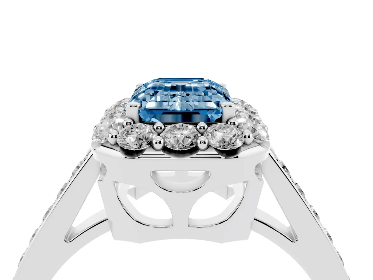 Fancy Blue Emerald Cut Diamond Floral Halo Ring with Pavé Band and Prong Setting White gold