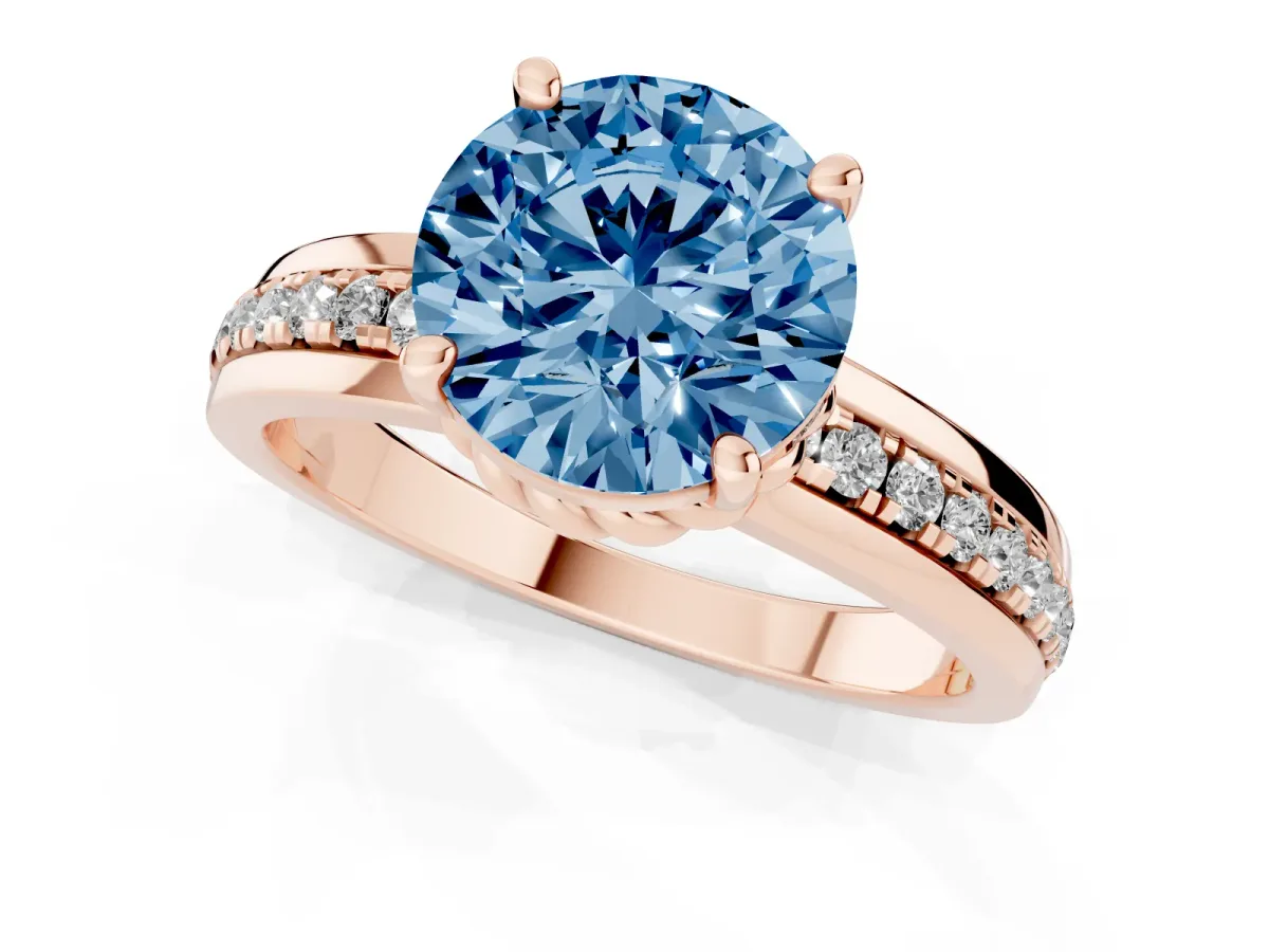 Fancy Blue Round Cut Solitaire Diamond Ring with Channel Set Band and Six-Prong Setting Rose gold