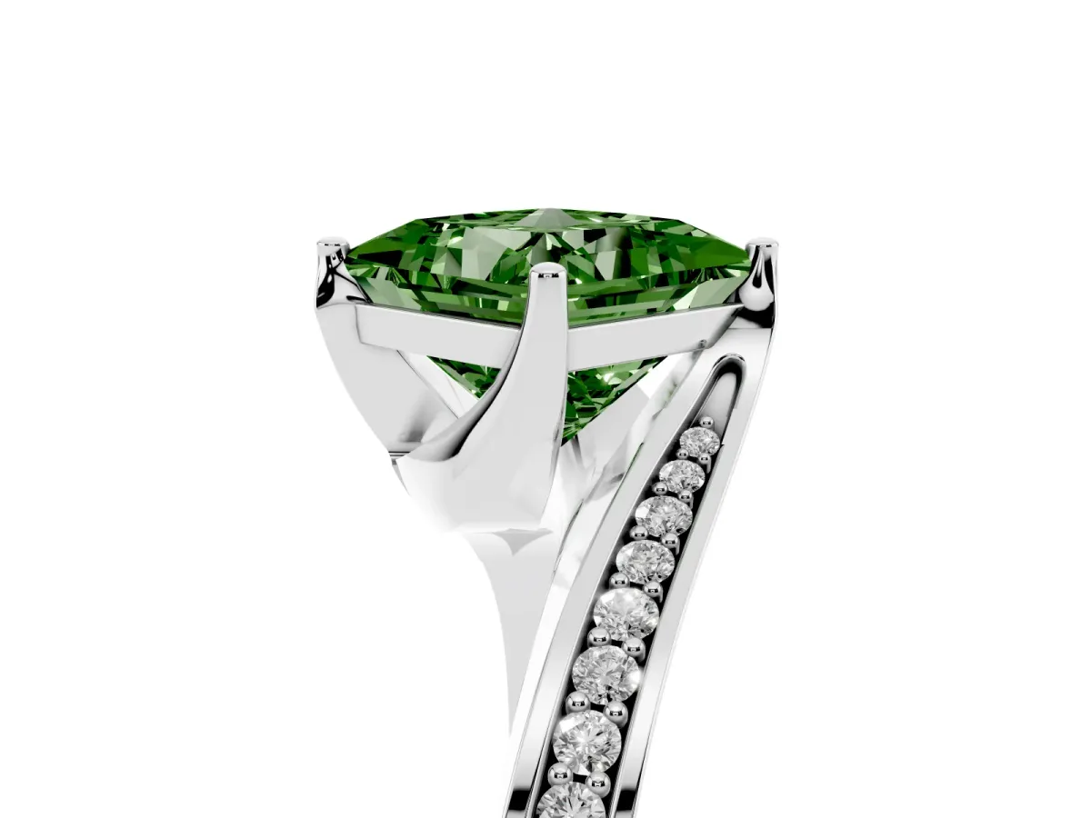 Fancy Green Princess Cut Solitaire Diamond Twist Band with Pavé Setting and Four-Prong Setting Silver
