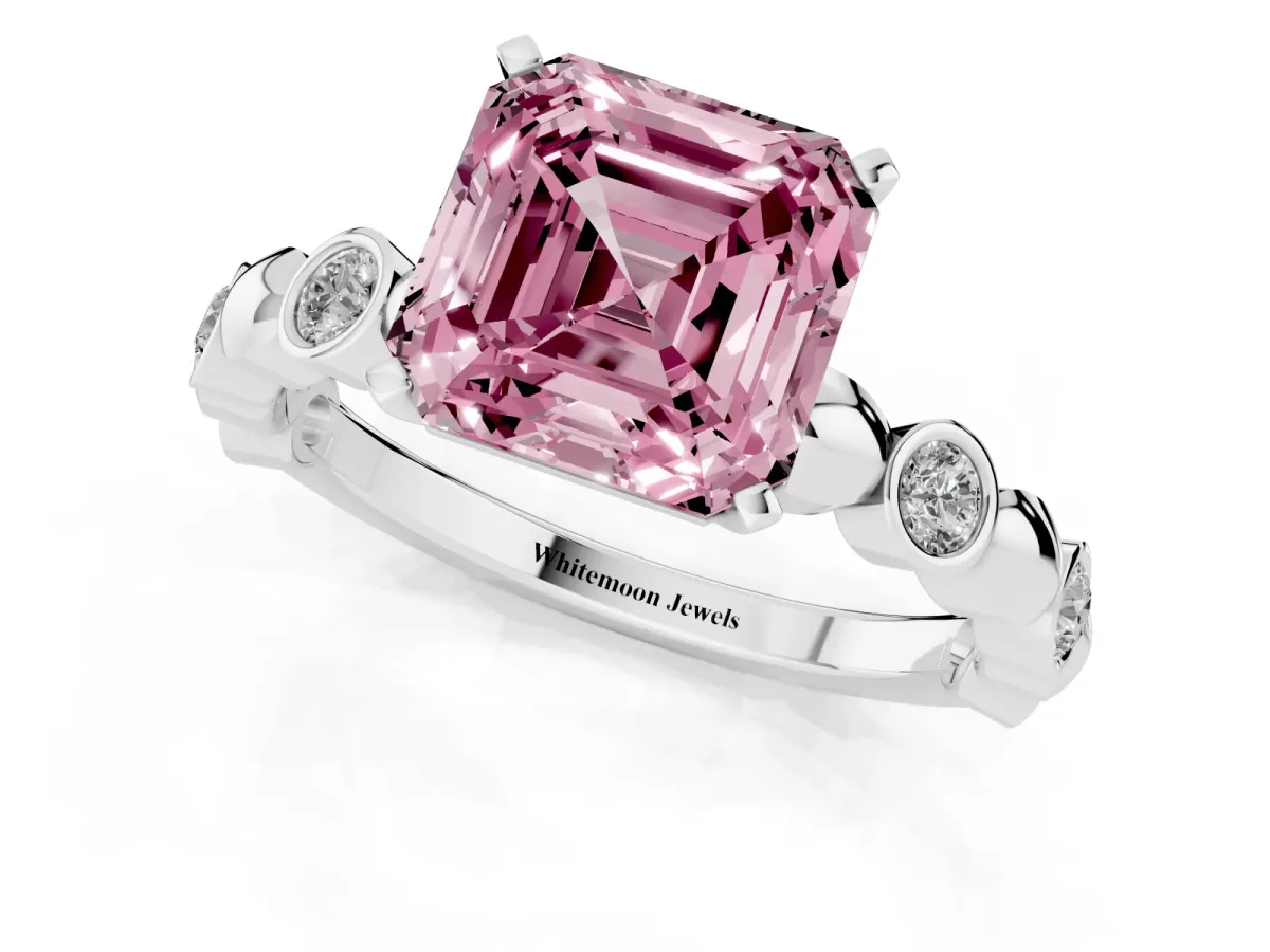 Fancy Pink Asscher Cut Solitaire Bezel-Set Diamond Ring with Beaded Band and Four-Prong Setting Silver