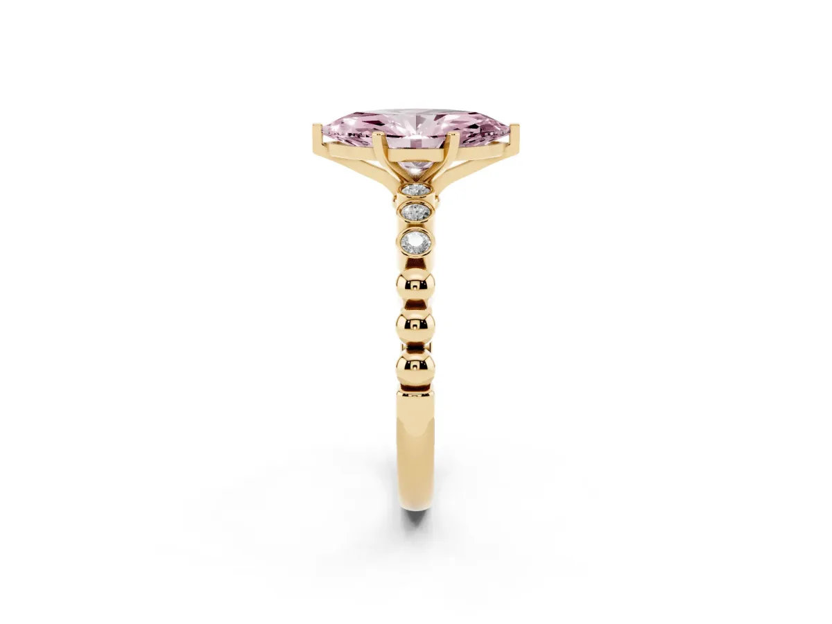 Fancy Pink Marquise Cut Solitaire Bezel Accent Diamond Engagement Ring with Beaded Band and Four-Prong Setting Yellow gold