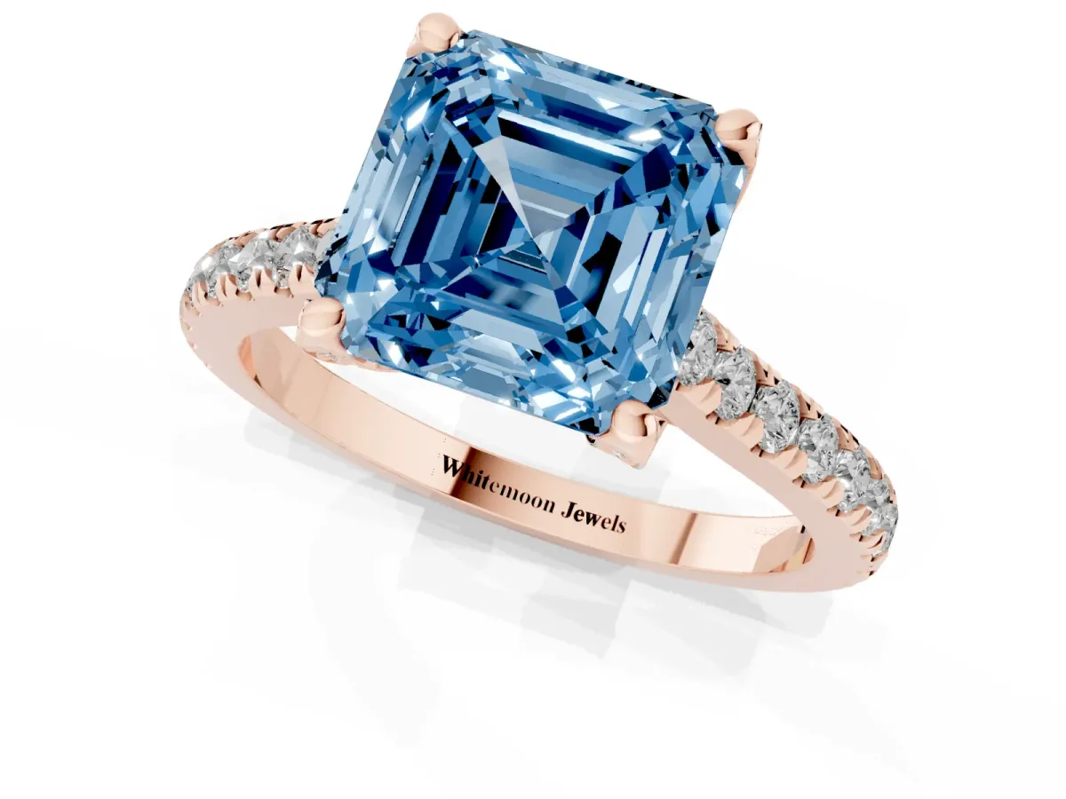 Fancy Blue Asscher Cut Brilliant Diamond Solitaire with Pavé Band and Four-Prong Setting Rose gold