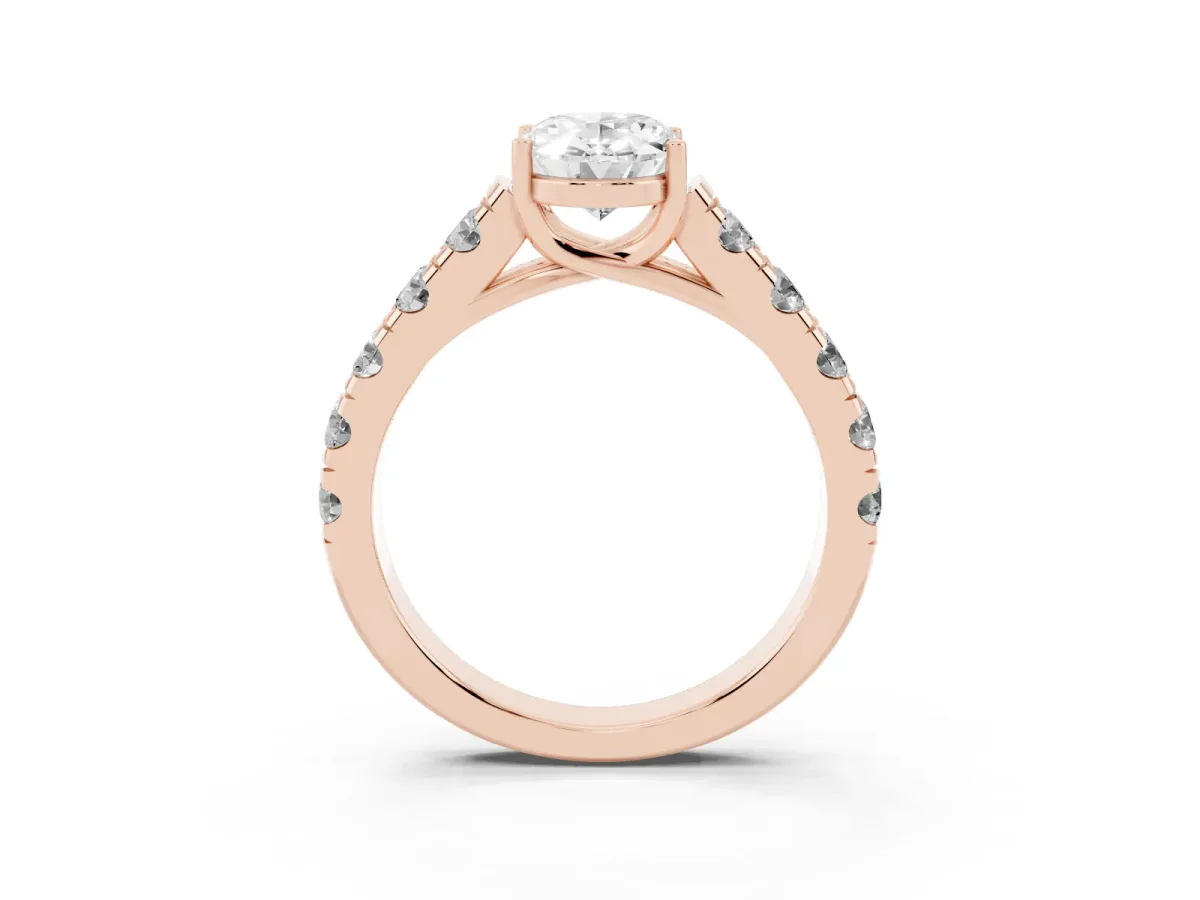 Oval Cut Cut Diamond Solitaire Ring with Micro Pave Band and Prong Setting Rose gold