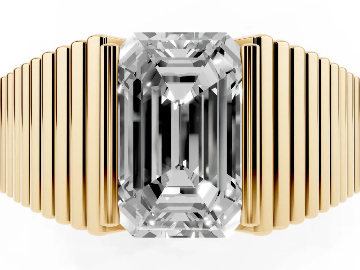 Emerald Cut Diamond Fluted Mens Ring Yellow gold