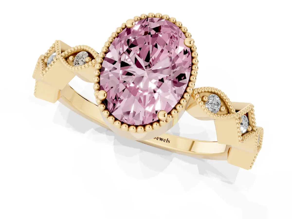 Fancy Pink Oval Cut Milgrain Marquise Diamond Twist Band Ring Yellow gold