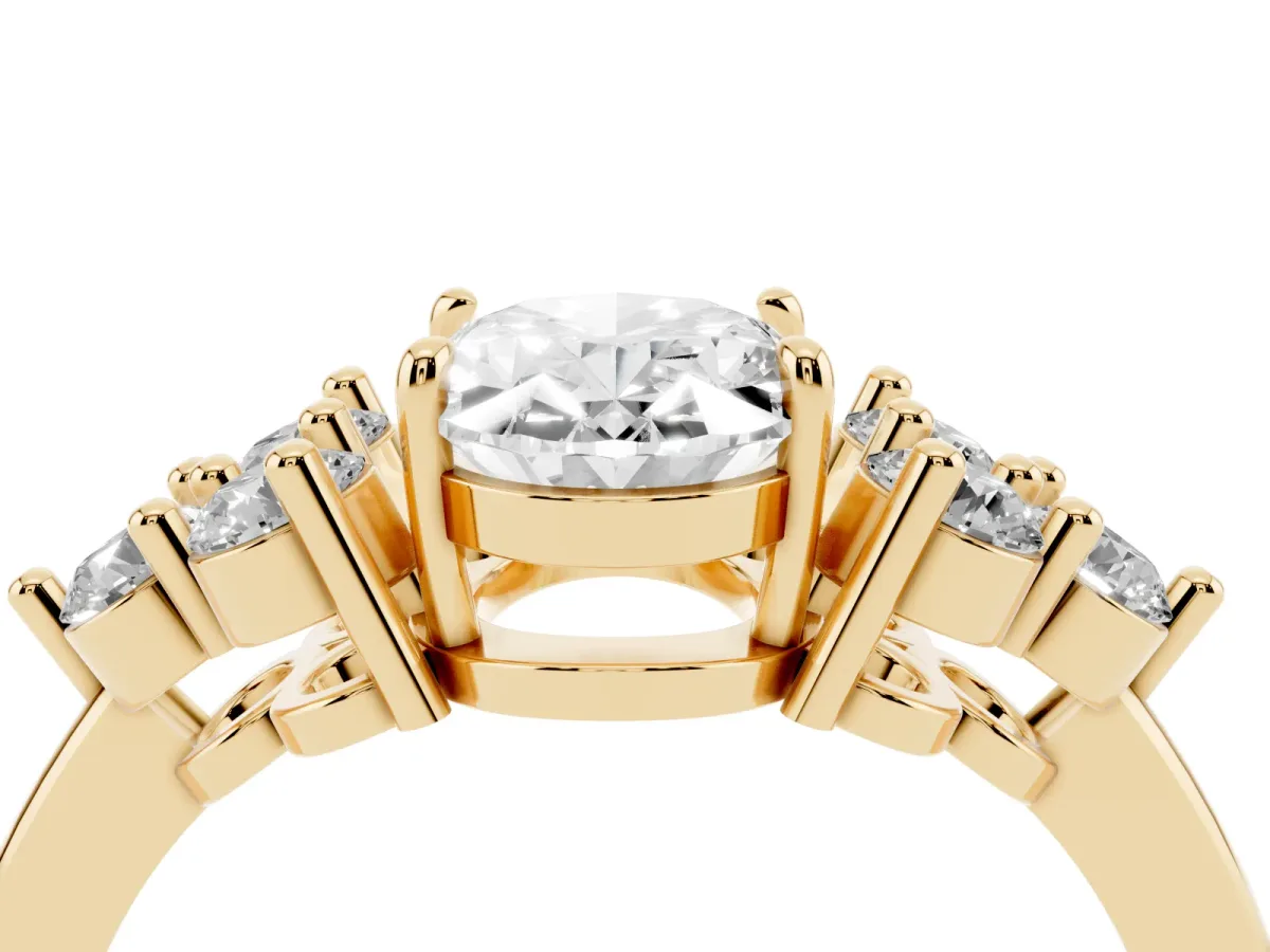 Oval Cut Brilliant Diamond Cluster Accent Solitaire Ring with Prong Setting Yellow gold