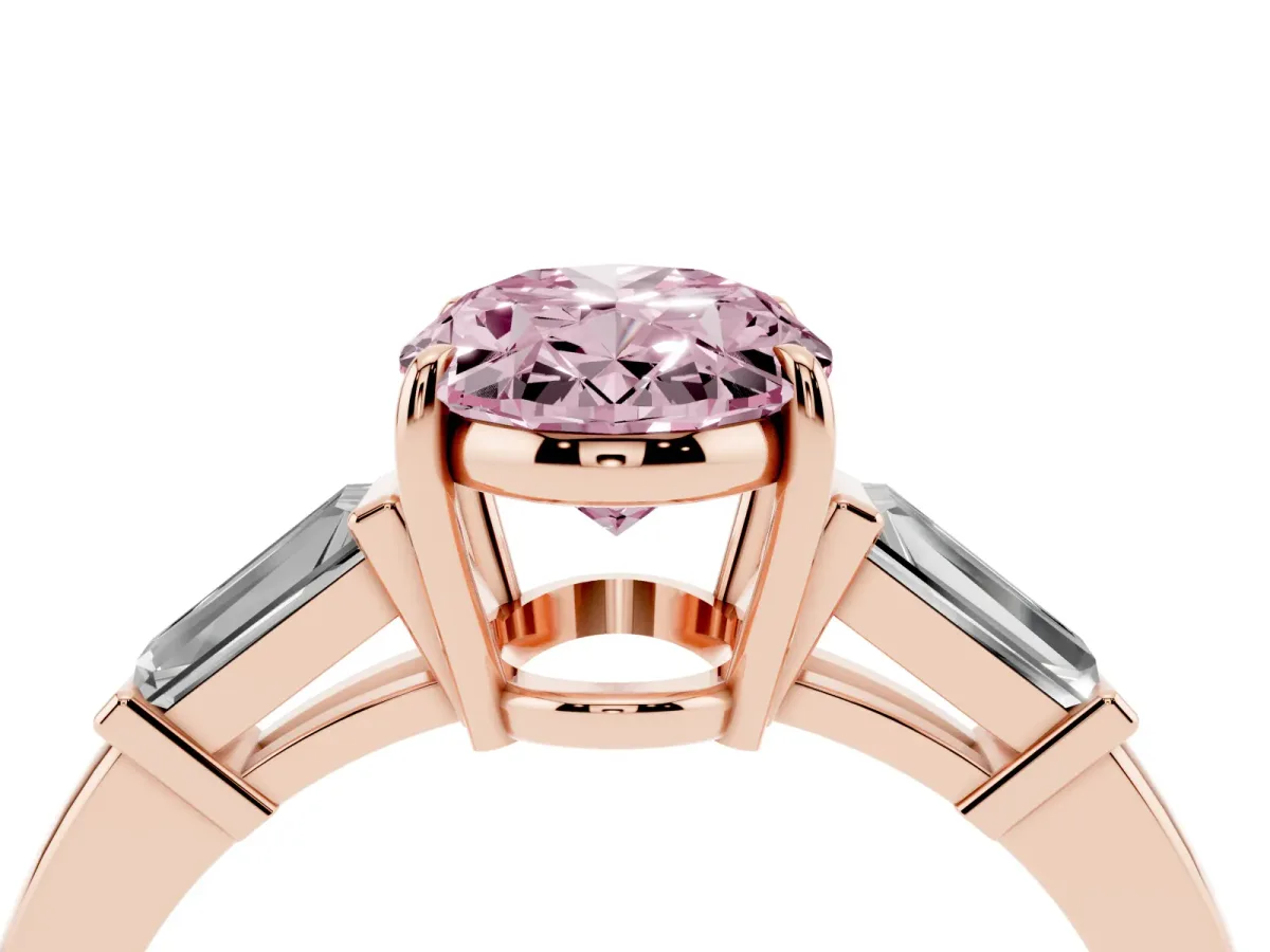 Fancy Pink Oval Cut Diamond Three-Stone Ring with Tapered Baguette Side Stones and Prong Setting Rose gold