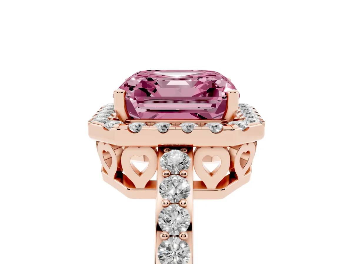 Fancy Pink Asscher Cut Halo Diamond Pavé Band Ring with Prong Setting Rose gold