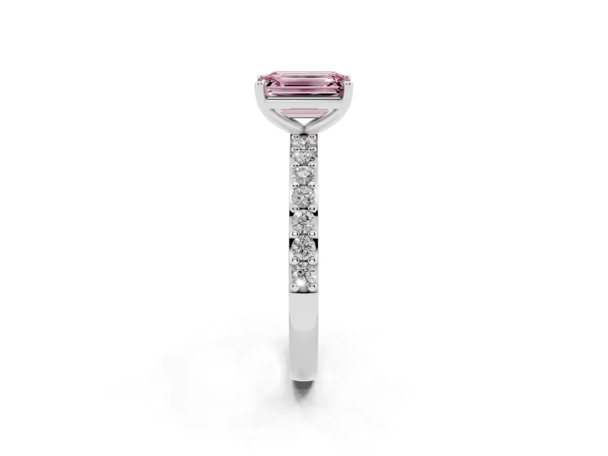 Fancy Pink Emerald Cut Cut Diamond Solitaire with Pave Band and Four-Prong Setting Silver
