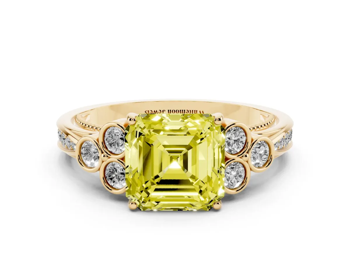 Fancy Yellow Asscher Cut Cut Diamond Engagement Ring with Bezel Set Round Side Stones and Prong Setting Yellow gold