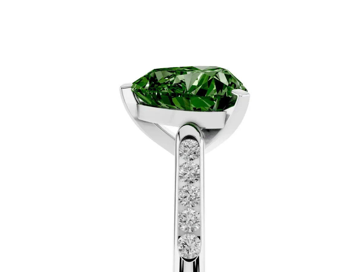 Fancy Green Heart Cut Diamond Solitaire Ring with Channel Set Round Band and Prong Setting Platinum