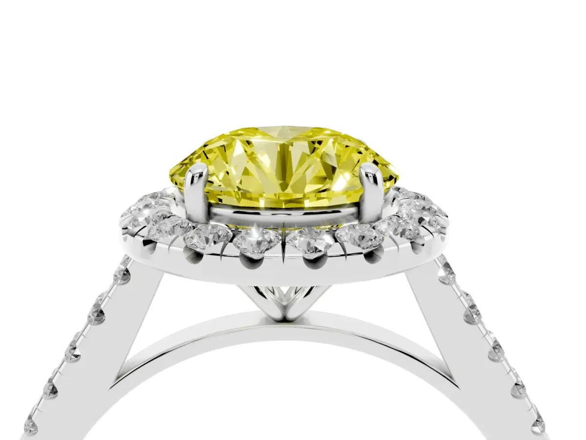 Fancy Yellow Round Cut Halo Pave Diamond Engagement Ring with Four-Prong Setting White gold