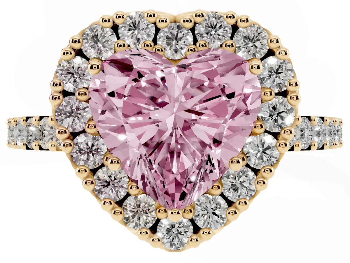 Fancy Pink Heart Cut Halo Diamond Pavé Solitaire Ring Yellow gold