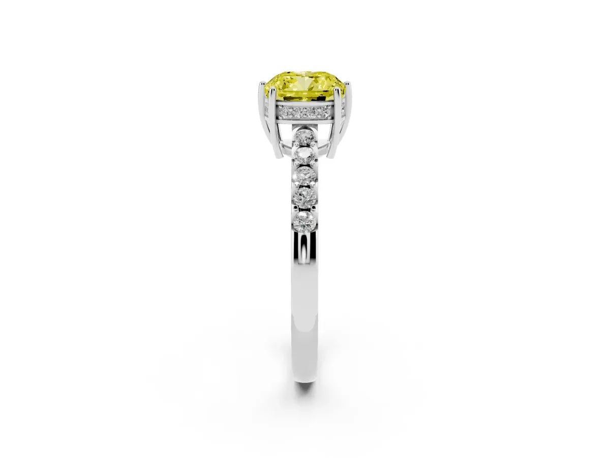 Fancy Yellow Cushion Cut Solitaire Diamond Engagement Ring with Pavé Band and Six-Prong Setting White gold